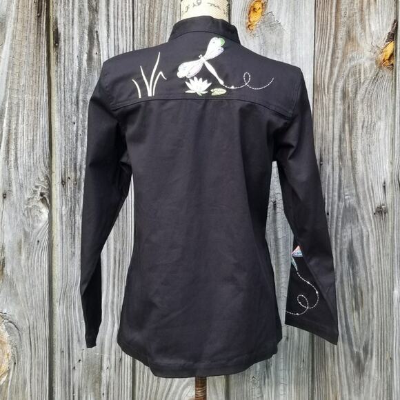 Dragonfly Embroidered Jacket Quacker Factory Size S Black Stretch Zip Front NWT - Picture 4 of 9